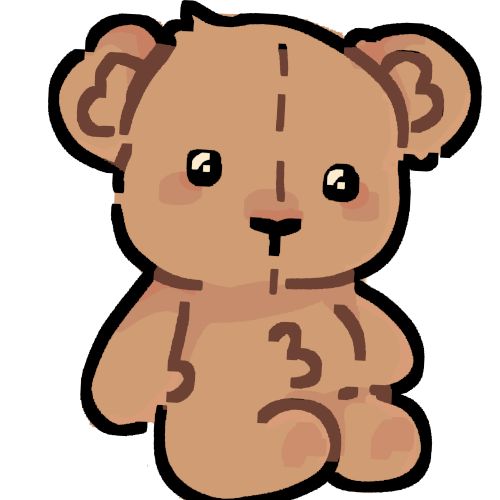  A drawing of a brown teddy bear with a large head nd a seam down the middle. 